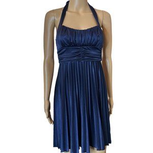Women Pleated Halter Party Dress Small S Navy Blue Knee Length Stretch